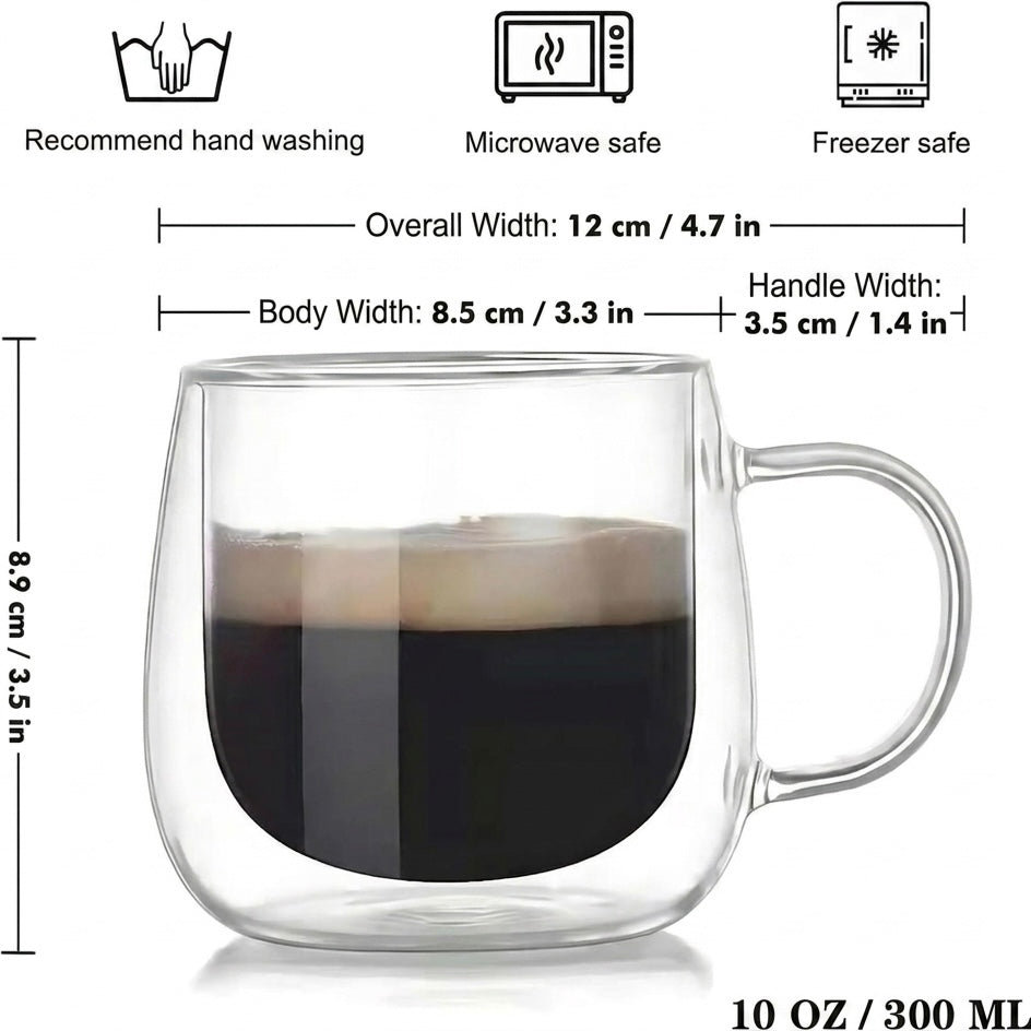 Borosilicate Double-Wall Coffee Mugs Set of 4 - 300ml, Dishwasher Safe