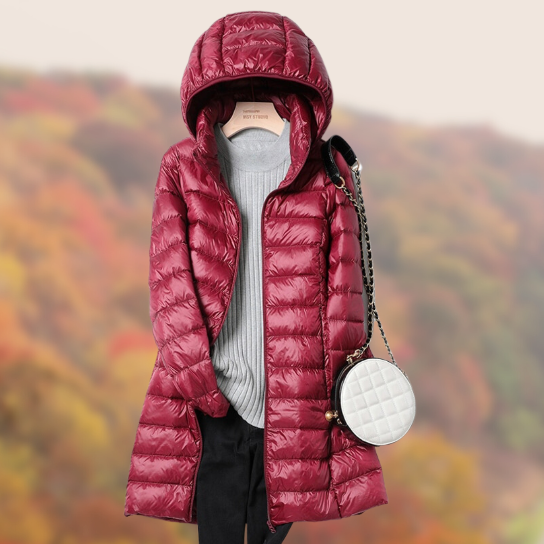 Women’s Hooded Down Coat | Ultralight Down Insulation | Longline Quilted Design | Transitional Weather