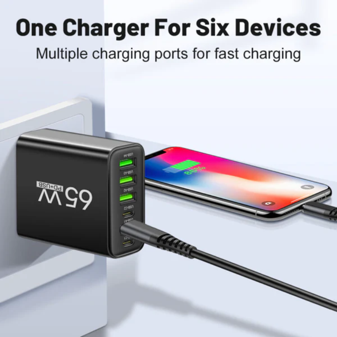 65W Multi-Port Fast Charging Hub – 6-in-1 Charger
