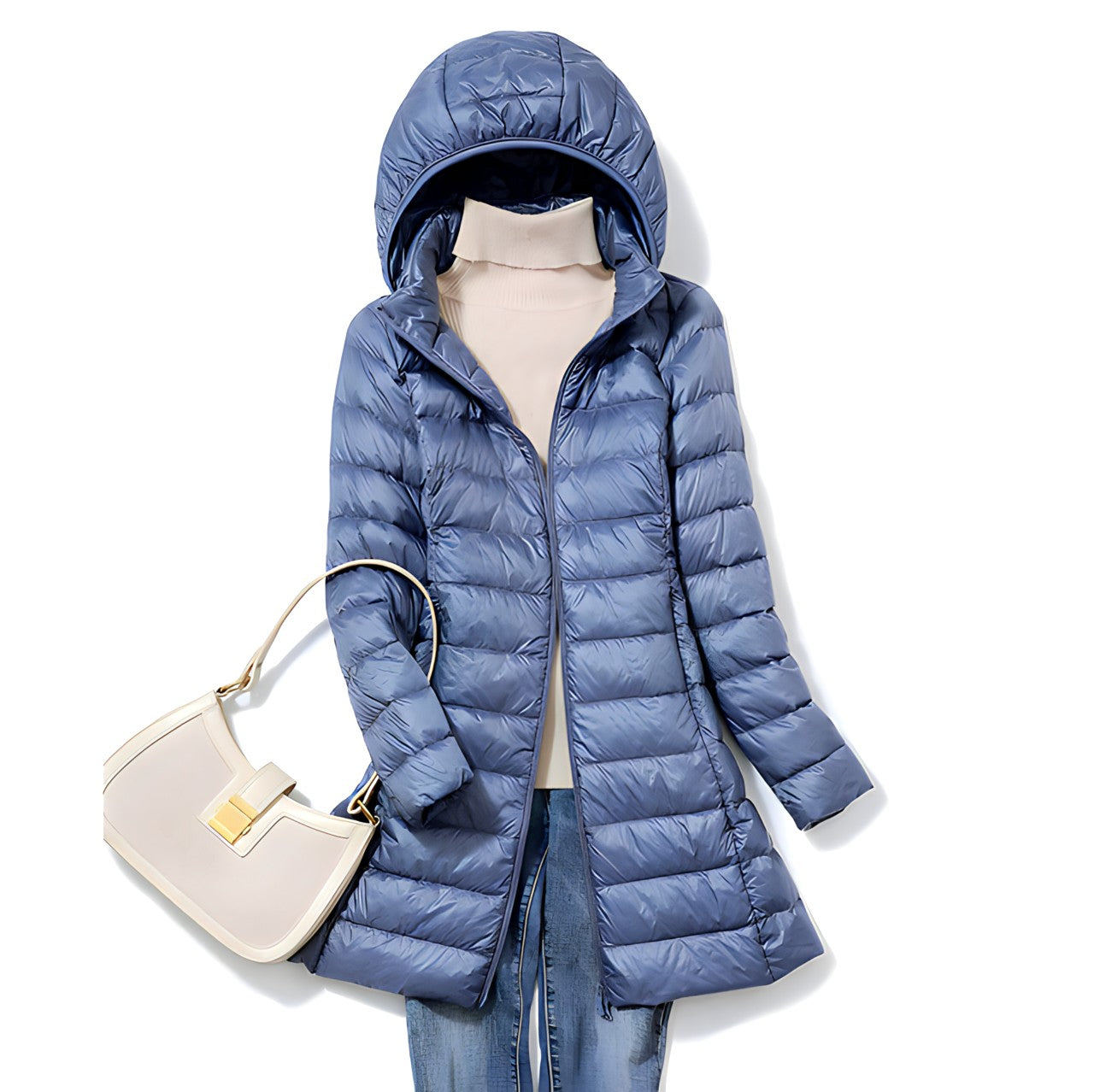 Women’s Long Down Jacket | Lightweight Down & Quilted Design | Polyester & Cotton | Detachable Hood