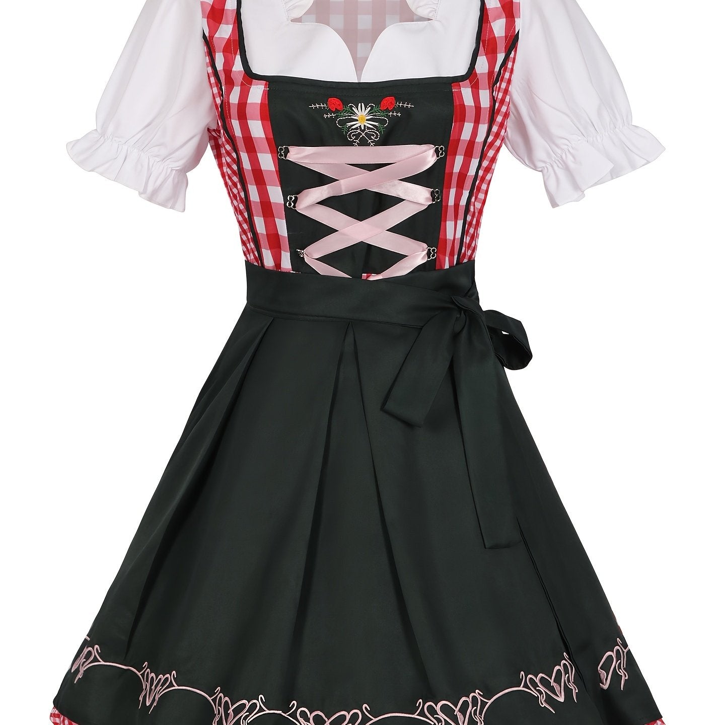 Women's Oktoberfest Dirndl Dress Red Gingham Checkered with Embroidery
