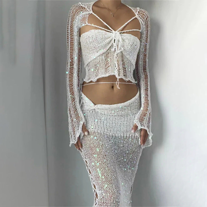 Women’s Two-Piece Sequin Crop Top and Mini Skirt Set | Sheer Mesh with Adjustable Straps | Polyester | Nightlife Ready