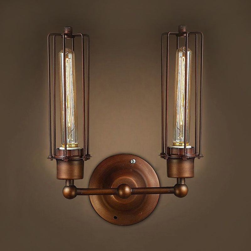 1/2/4-Light Industrial Bronze Wrought Iron Tube Shape Cage Wall Sconce Lighting for Dining Table