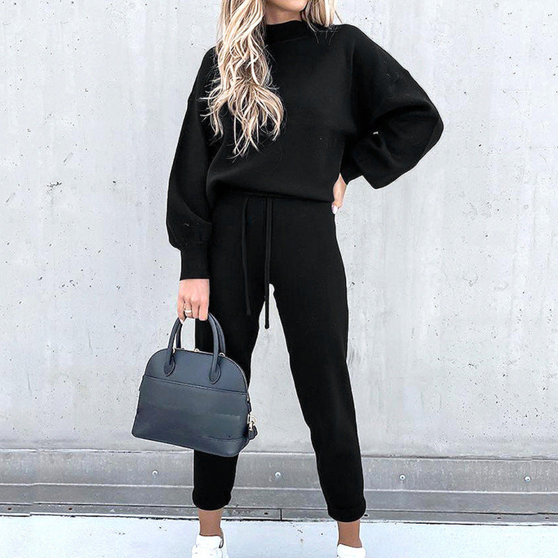 Women’s Two-Piece Loungewear Set | Soft Luxurious Fabric & Balloon Sleeves | High-Waist Jogger Pants with Pockets | Comfortable Warm Fit