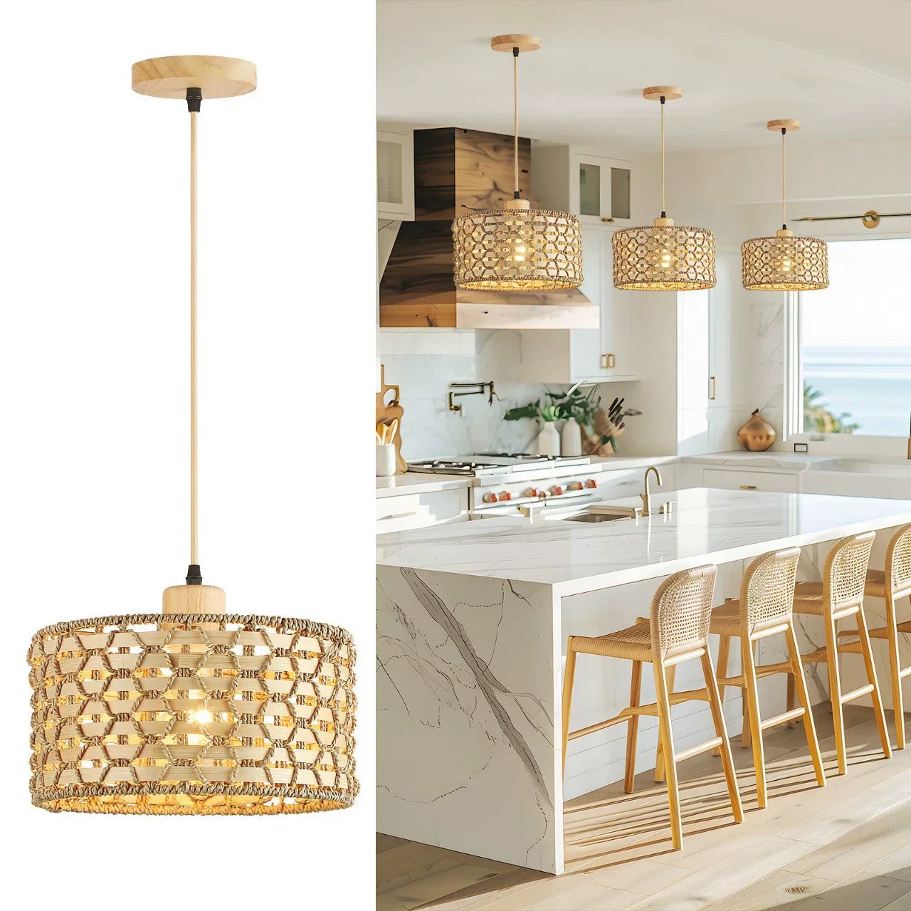 Elara — Handwoven Natural Rattan Pendant Light with Warm Glow