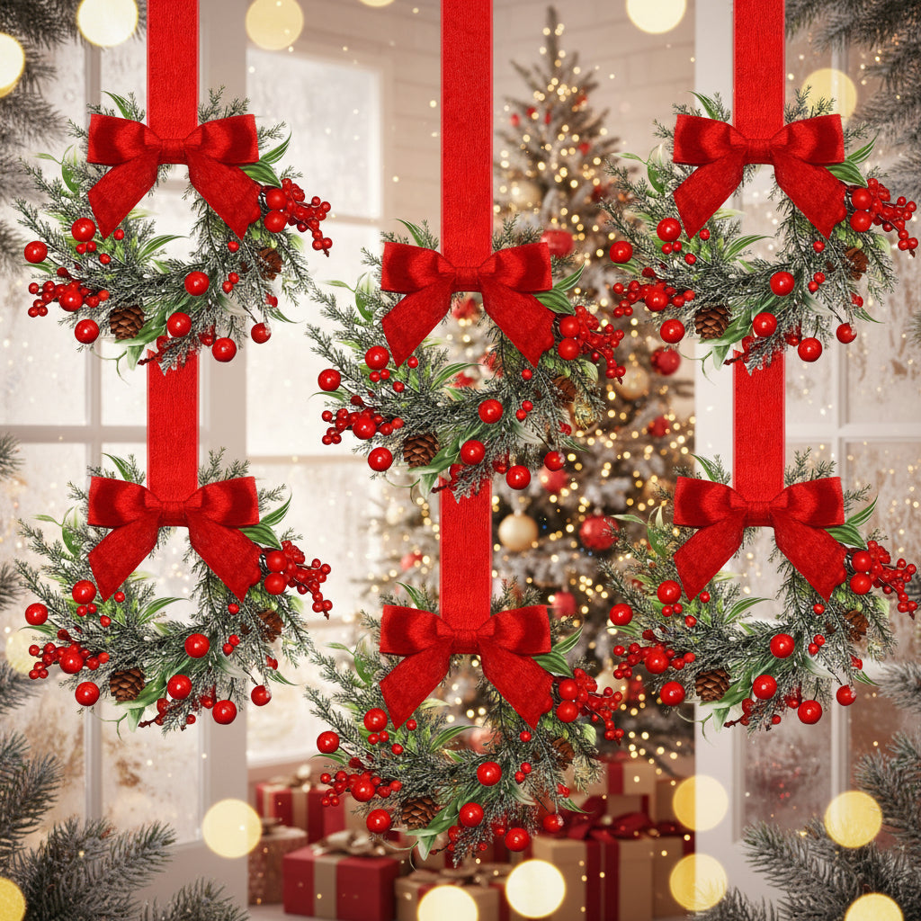 Festive Holiday Wreath with Charming Red Bow and Pinecones