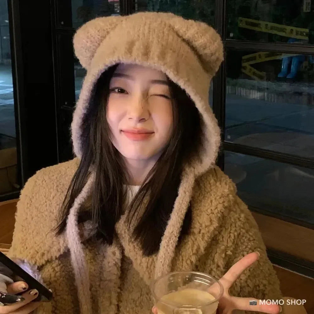 Charming Plush Bear Ear Winter Cap for Women