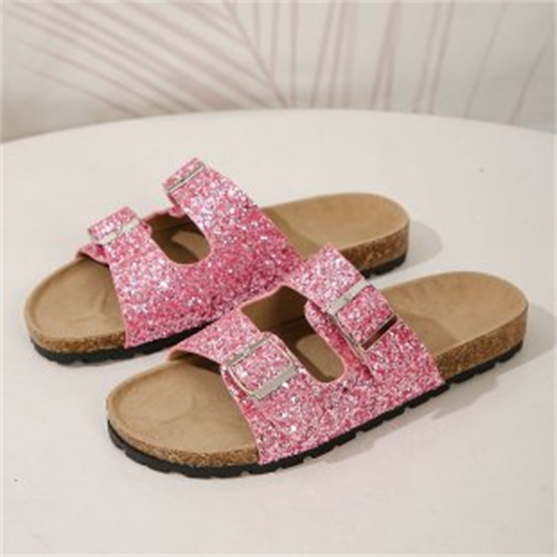 Women’s Two-Strap Buckle Sandals | Sparkling Design | Rubber Sole & PU Interior | Comfortable Fit
