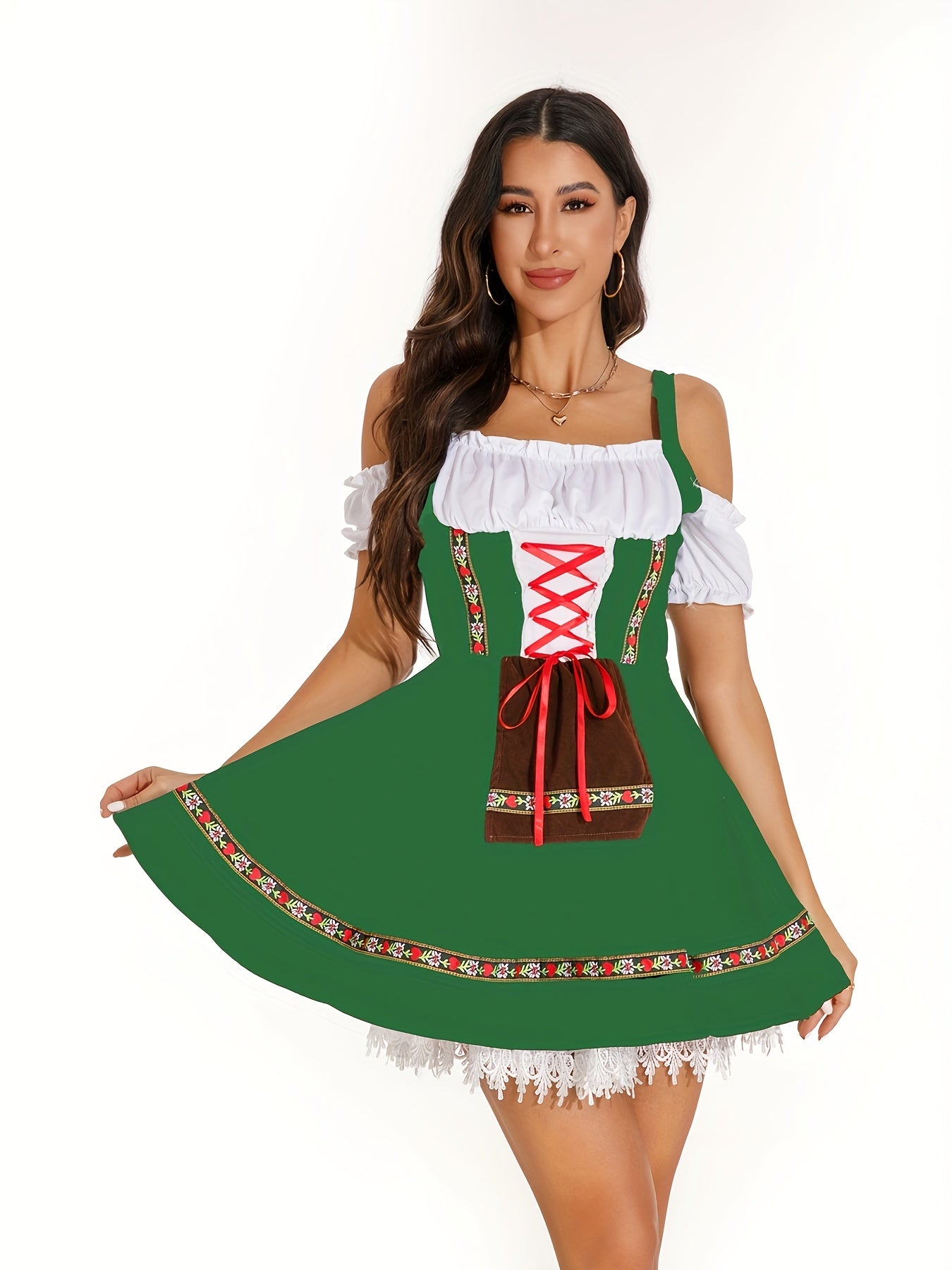Women's Bavarian Dirndl Dress with Lace Trim for Oktoberfest Celebrations