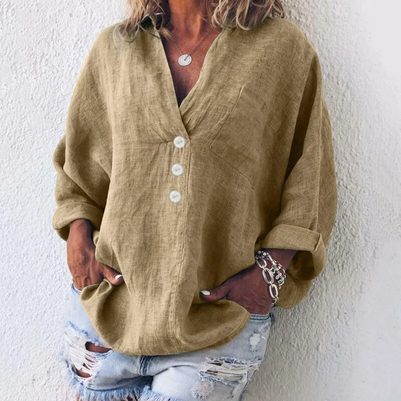 Women’s Summer Blouse | Lightweight Linen Fabric | Classic Cut with Rolled Sleeves | Breathable Comfort