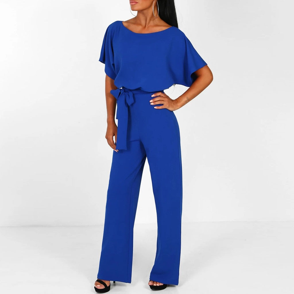 Women’s Wide-Leg Jumpsuit | Waist Tie Belt & Flutter Sleeves | Cotton Blend | Comfortable Fit
