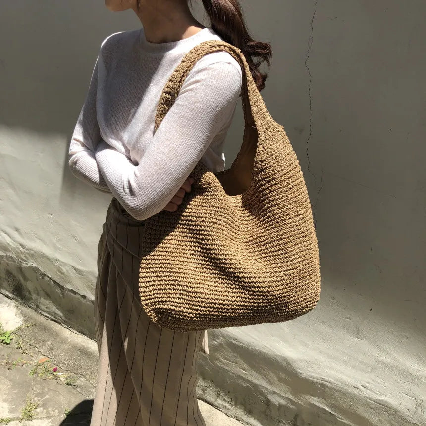 Woven Straw Shoulder Tote Bag | Premium Wicker Material | Large Capacity | Casual & Beach Use