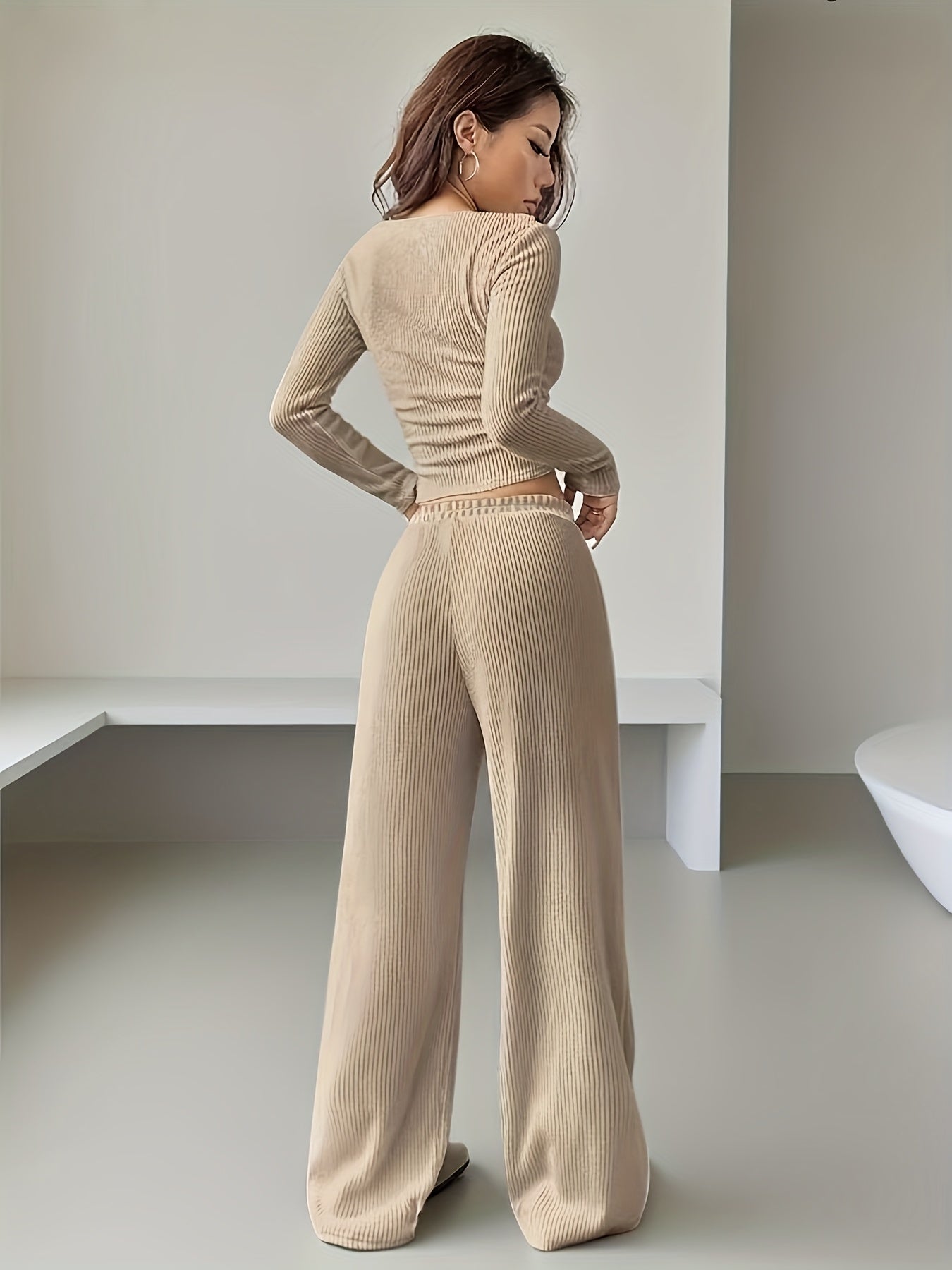 Two-Piece Knit Set | Long Sleeve Crop Top | Comfortable Everyday Wear | Polyester