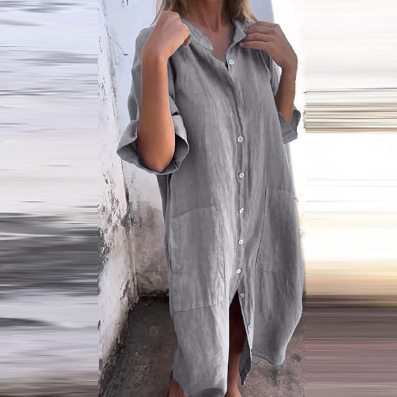 Women’s Shirt Dress | Oversized Fit with Side Pockets | Rolled Sleeves & V-Neck | Versatile Casual Wear