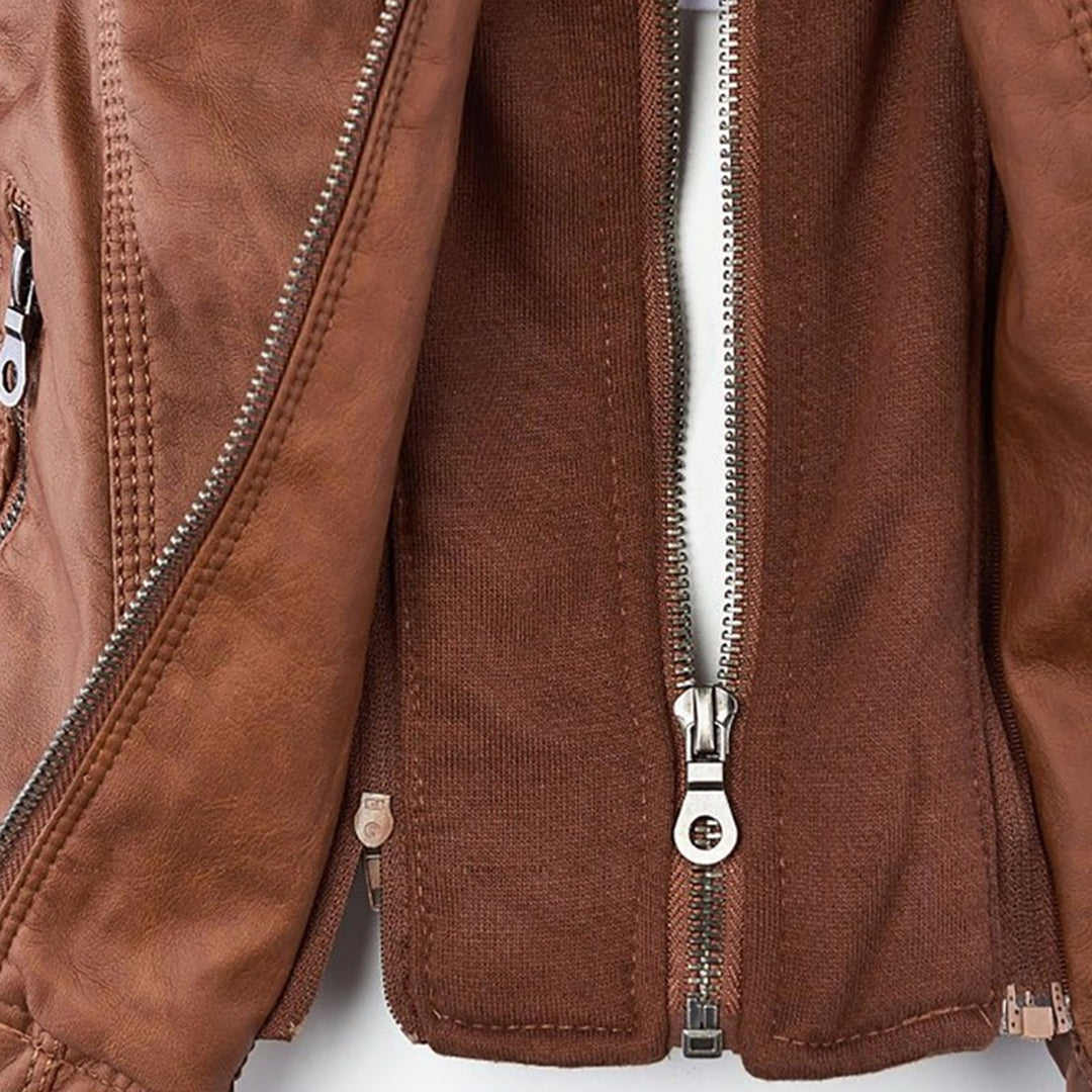 Women’s Weatherproof Leather Jacket | Detachable Hood & Zip Closure | Durable Polyester Fiber | Comfortable Fit