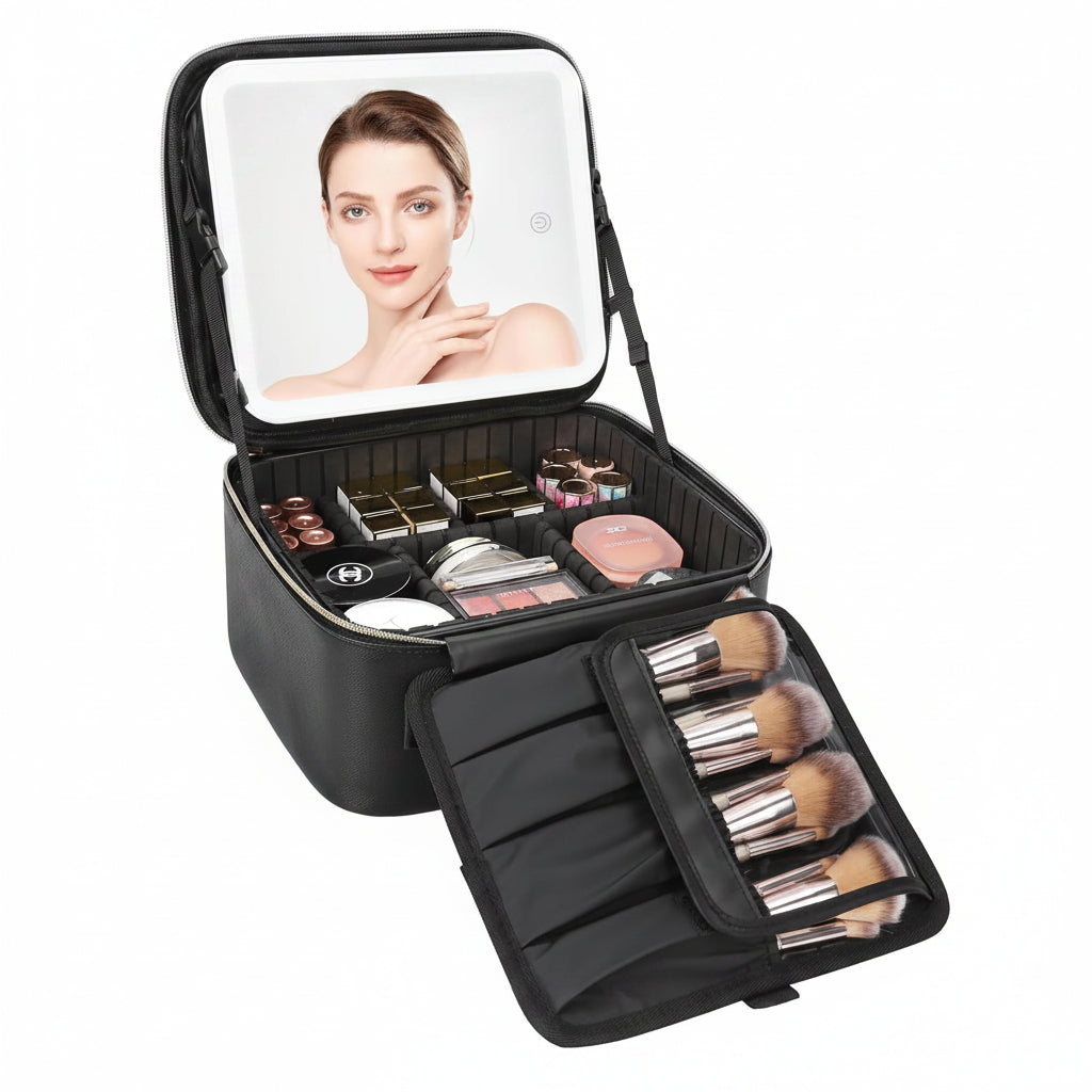 Portable Cosmetic Organizer with LED Mirror for Travel