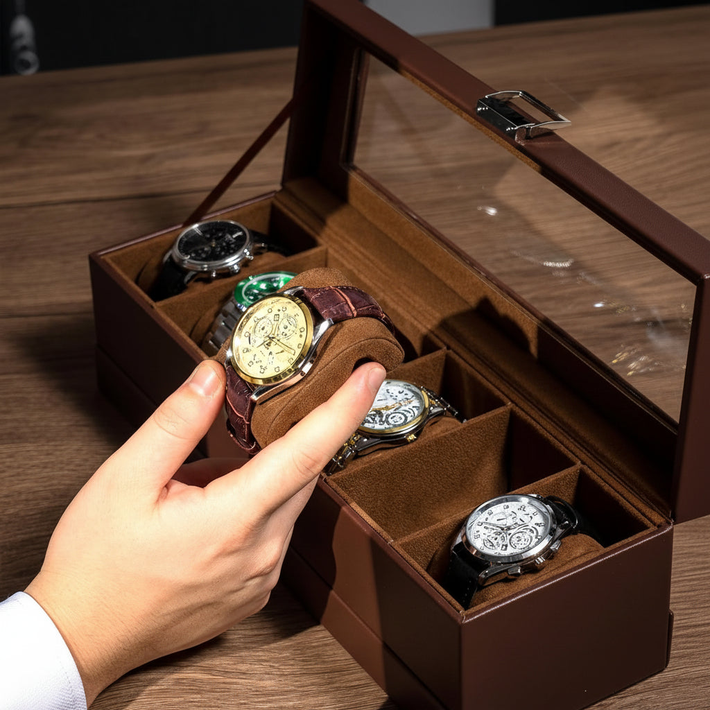 Elegant Dual-Layer Watch Storage Box with Drawer and Glass Top