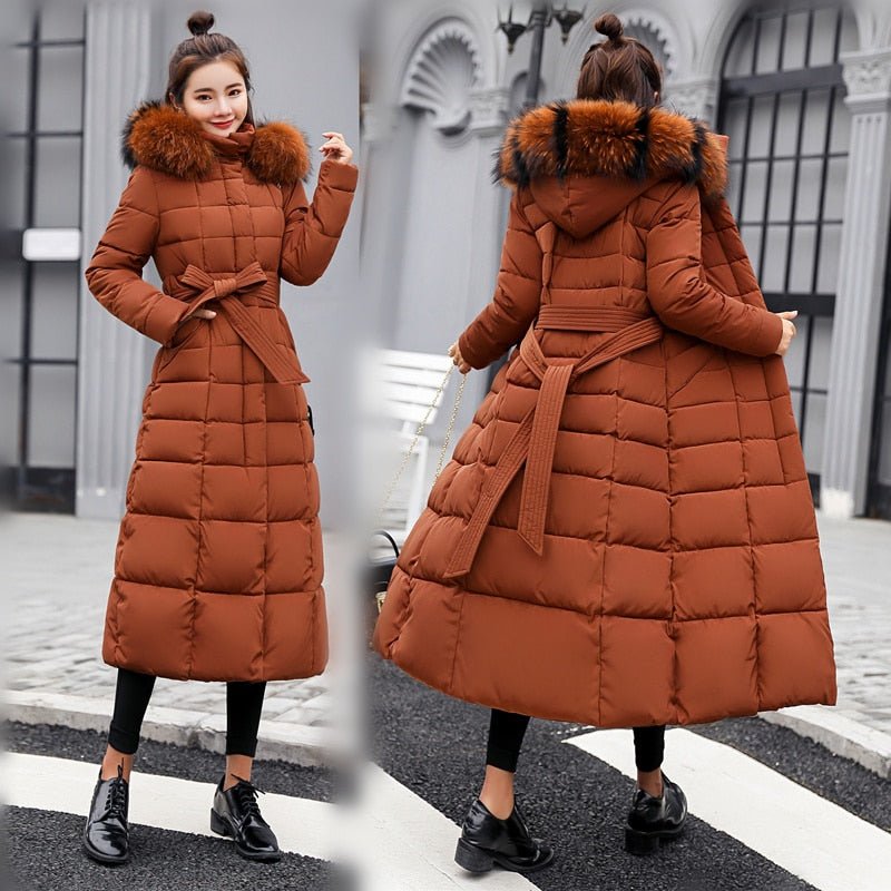 Women's Long Puffer Coat | Fur-Trimmed Hood & Belted Waist | Quilted Insulation | Comfortable Winter Wear