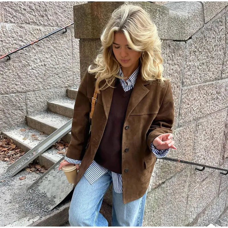 Women’s Suede Jacket | Single-Breasted Notched Lapel | Soft Suede Fabric | Cozy Warmth
