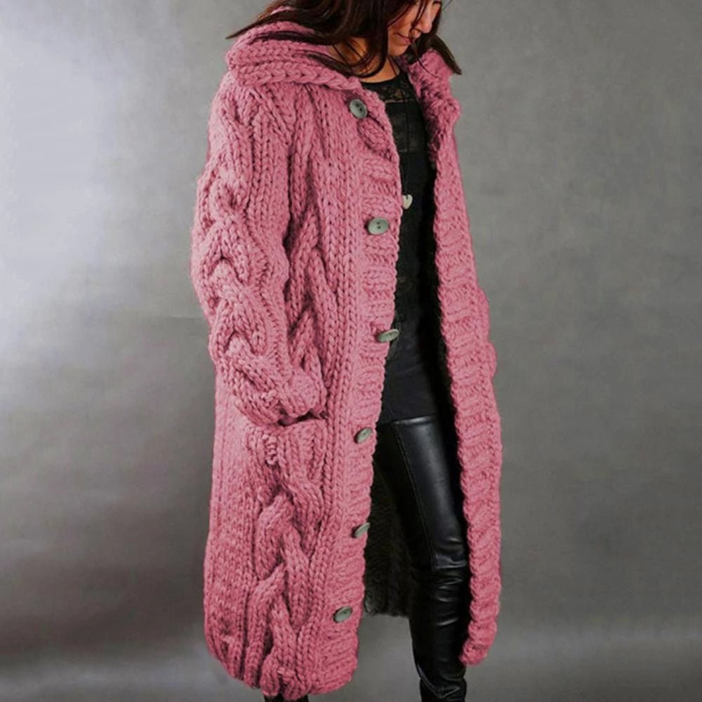Women’s Long Knit Coat | Acrylic & Cotton Blend | Hooded with Button Closure | Mid-Calf Length Warmth