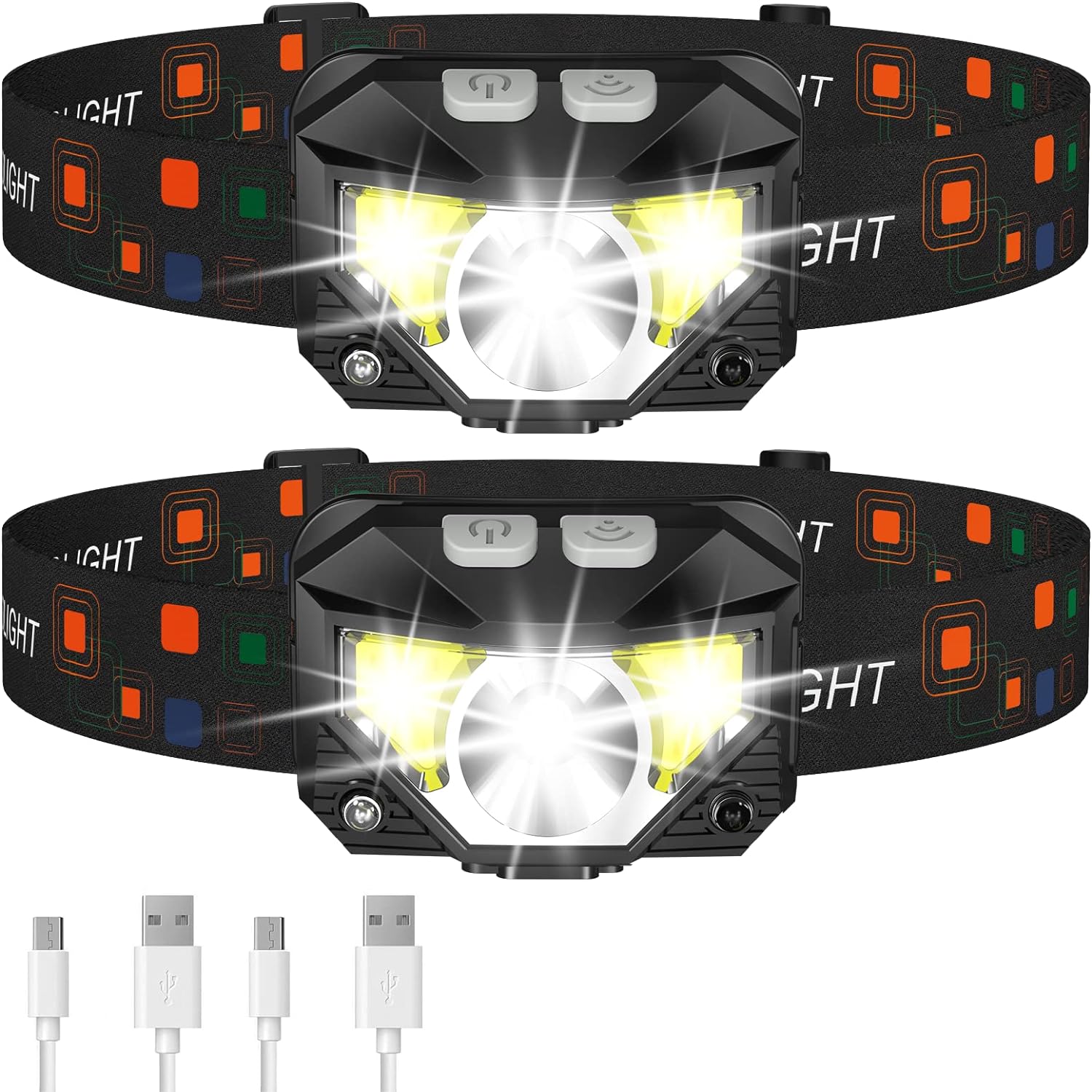 Rechargeable LED Headlamp Flashlight - 2-Pack, Motion Sensor, Waterproof