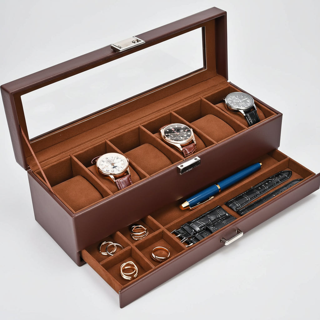 Elegant Dual-Layer Watch Storage Box with Drawer and Glass Top