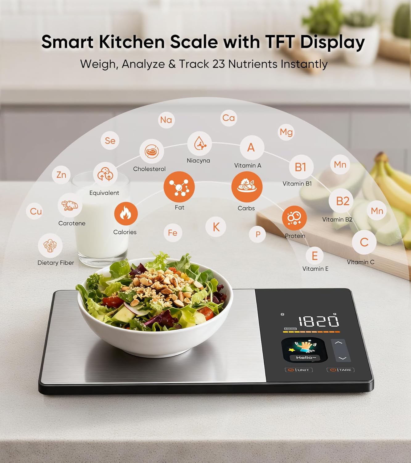 Digital Food Scale with TFT Display and App Connectivity for Nutritional Tracking