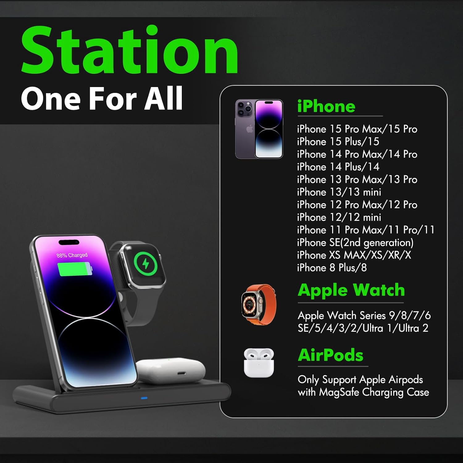 Wireless Fast Charging Stand for iPhone, Apple Watch, and AirPods - 3-in-1