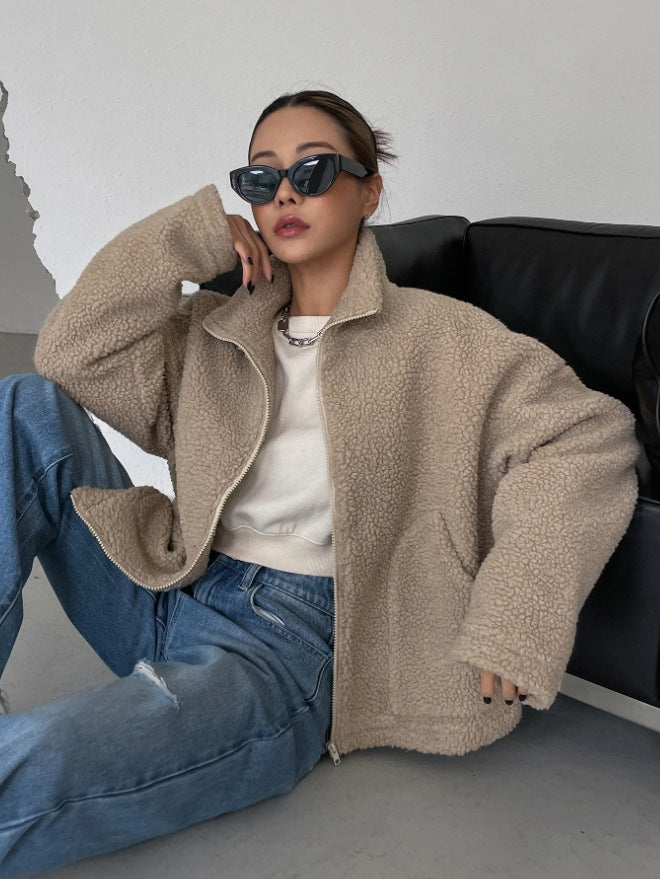 Women’s Oversized Wool Jacket | Fleece Warmth & Stand-Up Collar | Zipper Closure | Comfortable Fit for Winter