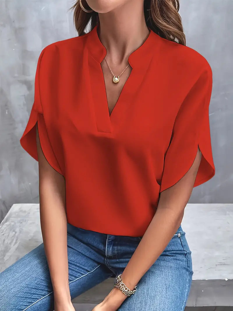 Women's Blouse | Lightweight V-Neck with Split-Sleeve Detailing | Soft Drapable Fabric | Comfortable Fit