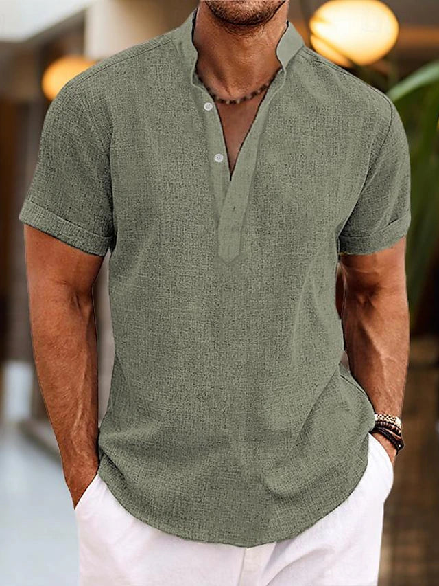 Men's Linen Shirt | Short-Sleeve Mandarin Collar | Breathable Linen Fabric | Comfortable Fit