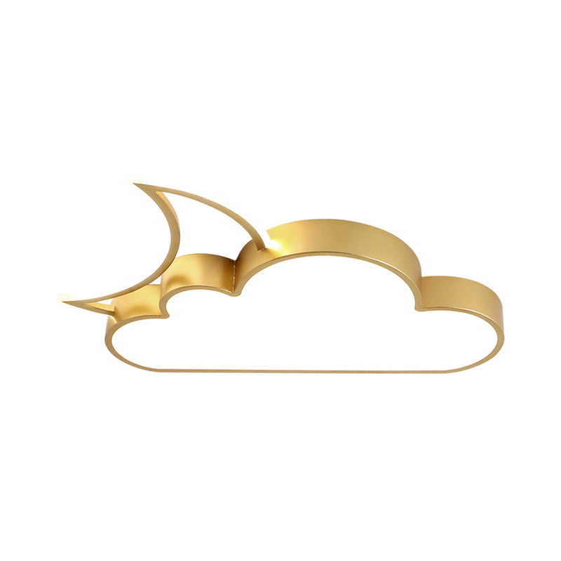 Kids LED Flush Mount Lamp with Pink/Gold/Blue Crescent Hiding Behind a Cloud Ceiling Fixture and Acrylic Shade