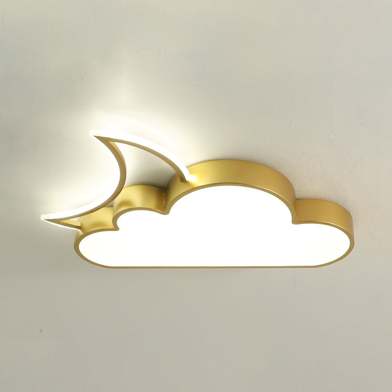 Kids LED Flush Mount Lamp with Pink/Gold/Blue Crescent Hiding Behind a Cloud Ceiling Fixture and Acrylic Shade