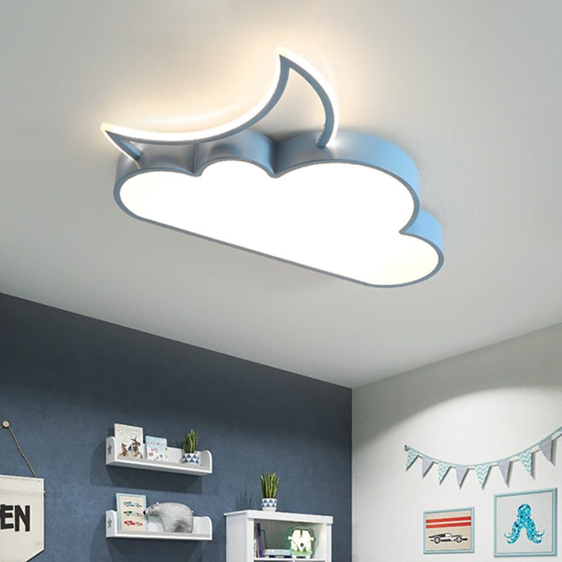 Kids LED Flush Mount Lamp with Pink/Gold/Blue Crescent Hiding Behind a Cloud Ceiling Fixture and Acrylic Shade
