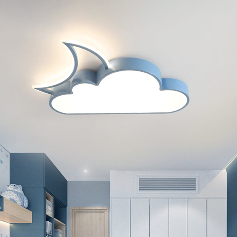 Kids LED Flush Mount Lamp with Pink/Gold/Blue Crescent Hiding Behind a Cloud Ceiling Fixture and Acrylic Shade