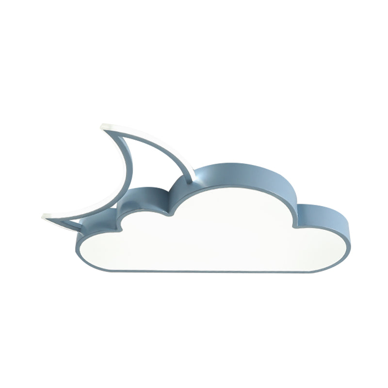 Kids LED Flush Mount Lamp with Pink/Gold/Blue Crescent Hiding Behind a Cloud Ceiling Fixture and Acrylic Shade