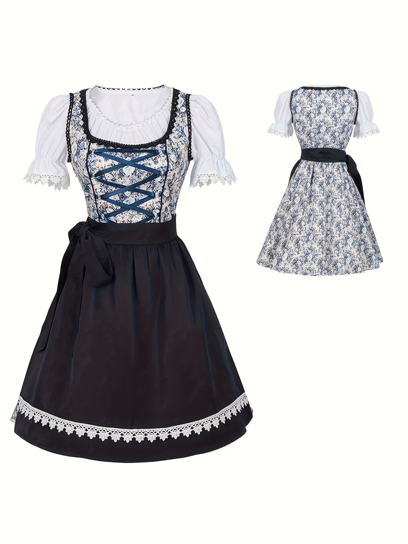 Women's Bavarian Dirndl Dress with Floral Print and Puff Sleeves for Oktoberfest