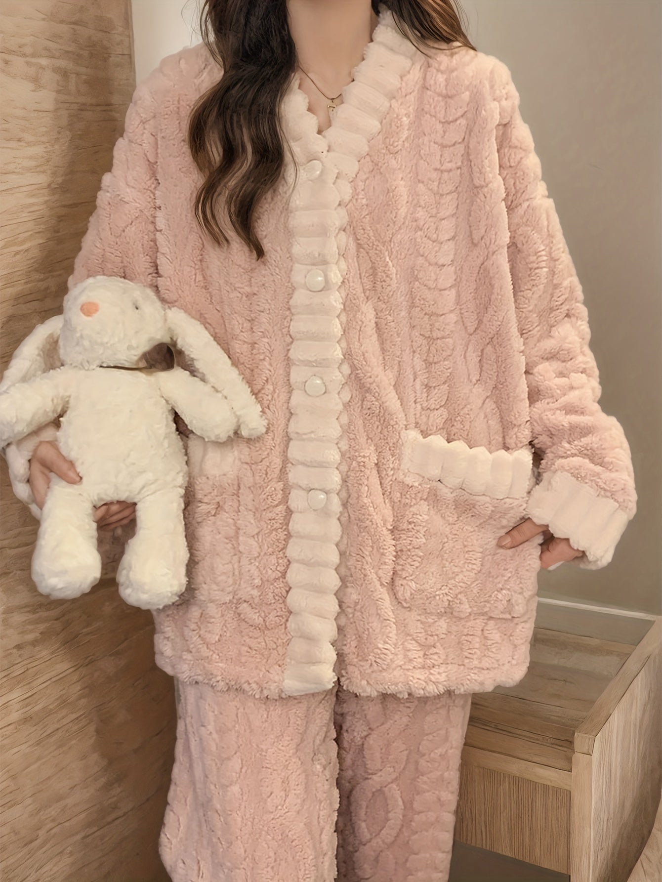 Fleece Lounge Set | V-Neck Button Top | Cozy Winter Warmth | Polyester