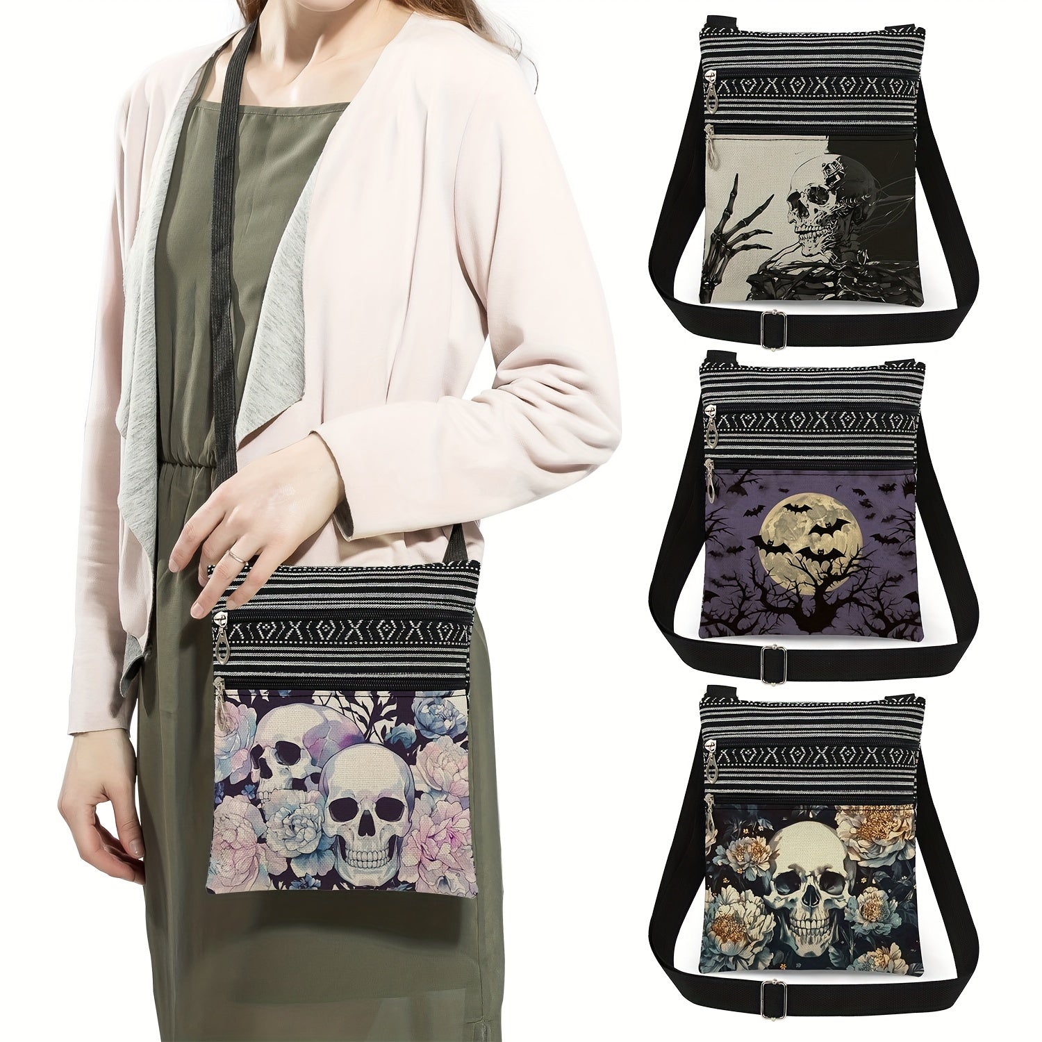 Gothic Skull and Bat Print Shoulder Bag Lightweight Halloween Accessory