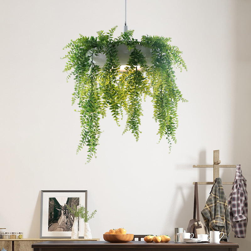 Taavita Style Donut Metal Pendant Lighting 1-Bulb Black/White Balcony Hanging Ceiling Light with Artificial Vine Decoration