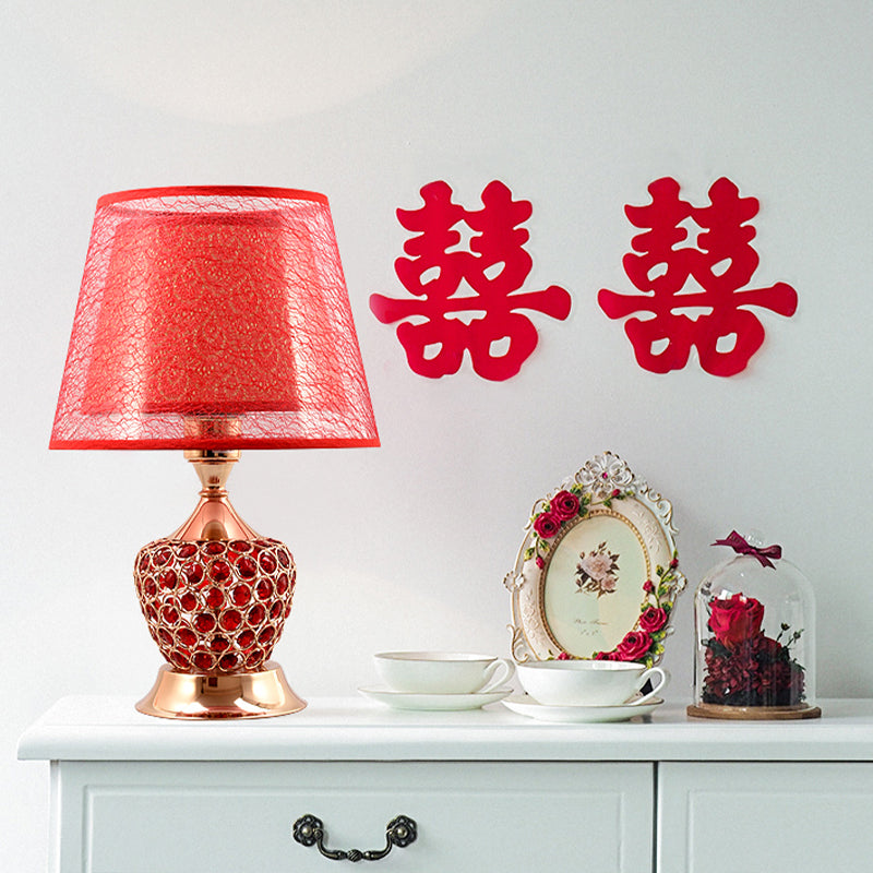 1 Light Night Stand Lamp Retro Urn Shape Crystal Embedded Table Lighting with Dual Empire Shade in Red/Gold Gold Clearhalo 'Lamps' 'Table Lamps' Lighting' 788122