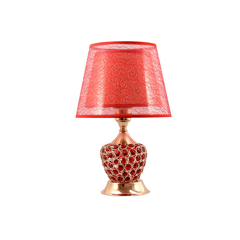 1 Light Night Stand Lamp Retro Urn Shape Crystal Embedded Table Lighting with Dual Barrel Shade in Red/Gold