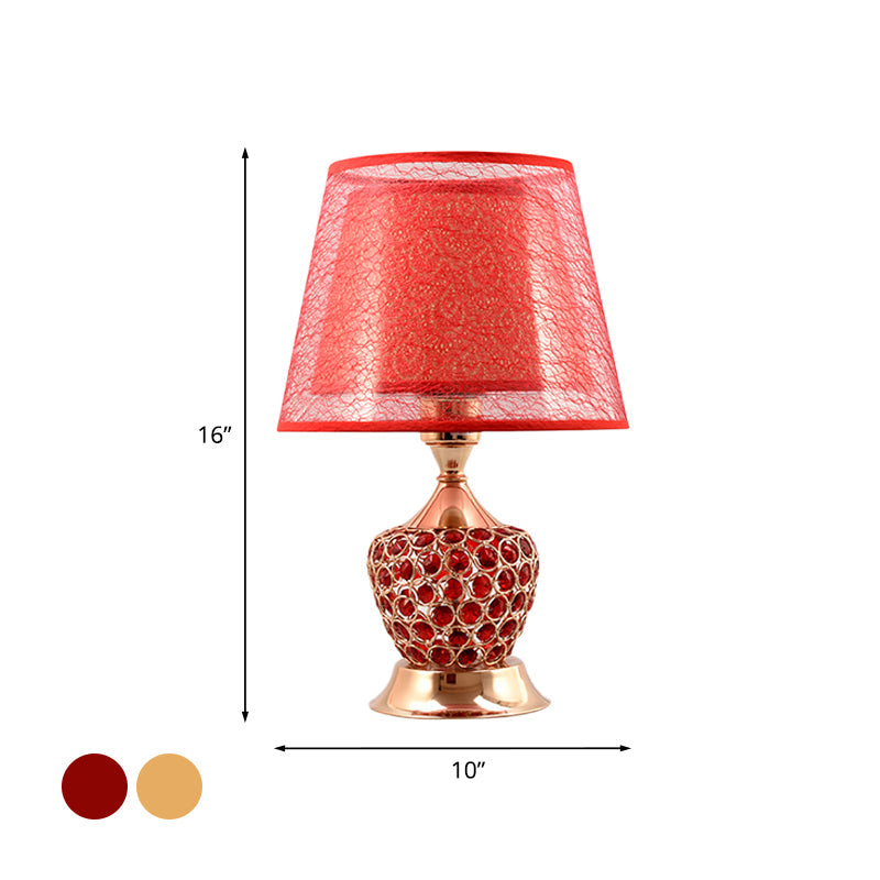 1 Light Night Stand Lamp Retro Urn Shape Crystal Embedded Table Lighting with Dual Barrel Shade in Red/Gold