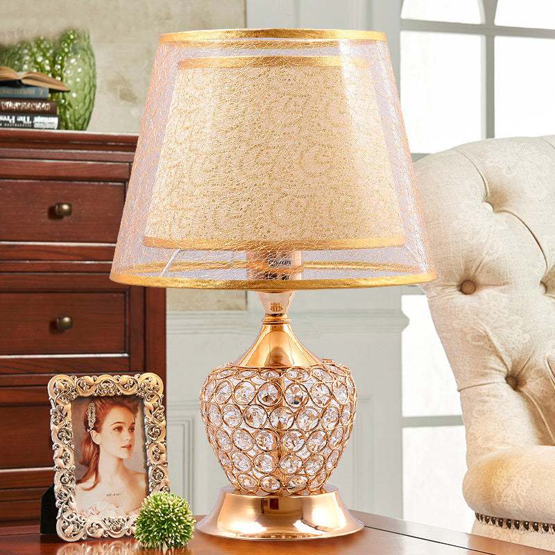 1 Light Night Stand Lamp Retro Urn Shape Crystal Embedded Table Lighting with Dual Barrel Shade in Red/Gold