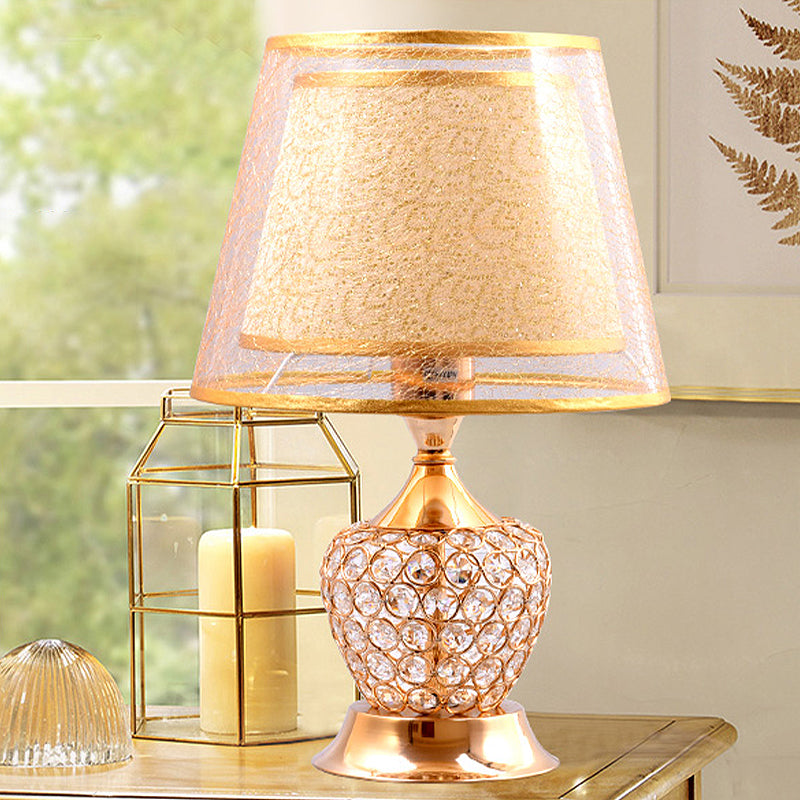 1 Light Night Stand Lamp Retro Urn Shape Crystal Embedded Table Lighting with Dual Barrel Shade in Red/Gold