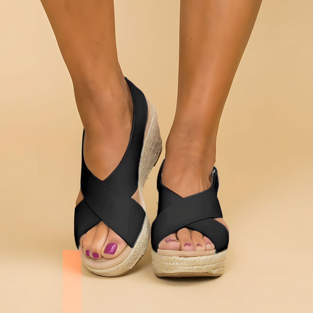 Women’s Orthopedic Sandals | Cross-Strap Wedge Espadrille | Soft PU Leather & Hemp Sole | Posture Support