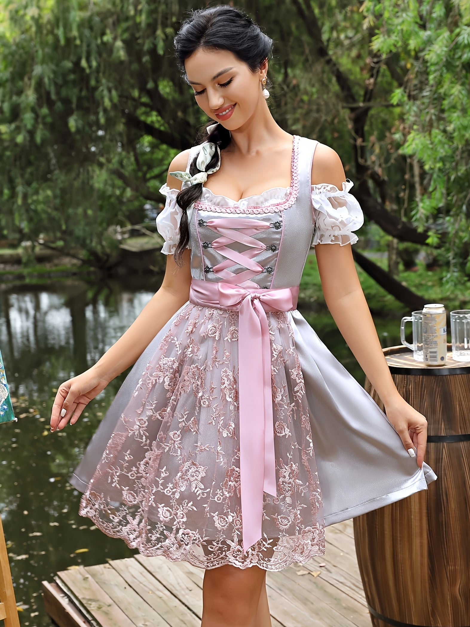 Women's Oktoberfest Dirndl Dress Set with Lace & Satin Accents