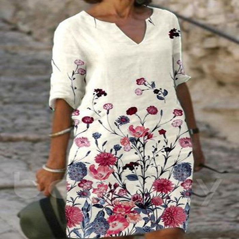 Women's Knee-Length Dress | Timeless V-Neck & 3/4 Sleeves | Polyester Fiber | All-Day Comfort