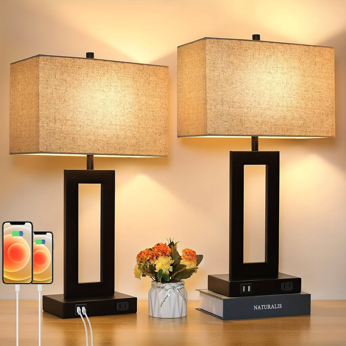 Smart Touch Table Lamps Duo with USB Ports – Adjustable Brightness
