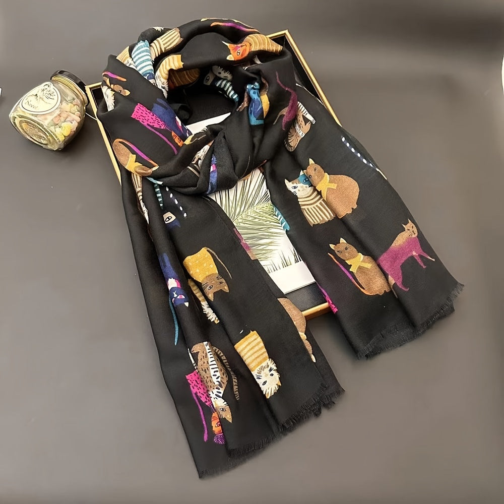 Cat Print Scarf | Lightweight | Breathable and Warm | Viscose